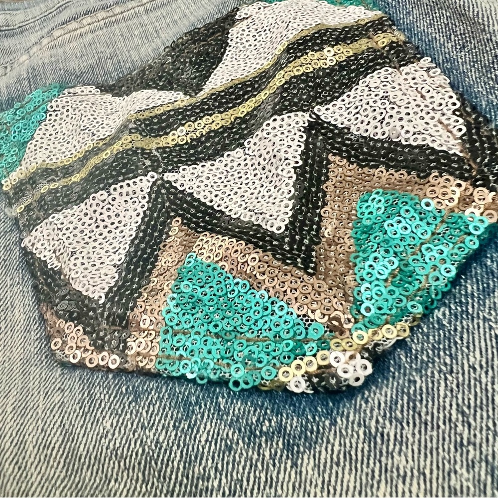 Sequin Patchwork Distressed Denim Shorts Aztec Bl… - image 5
